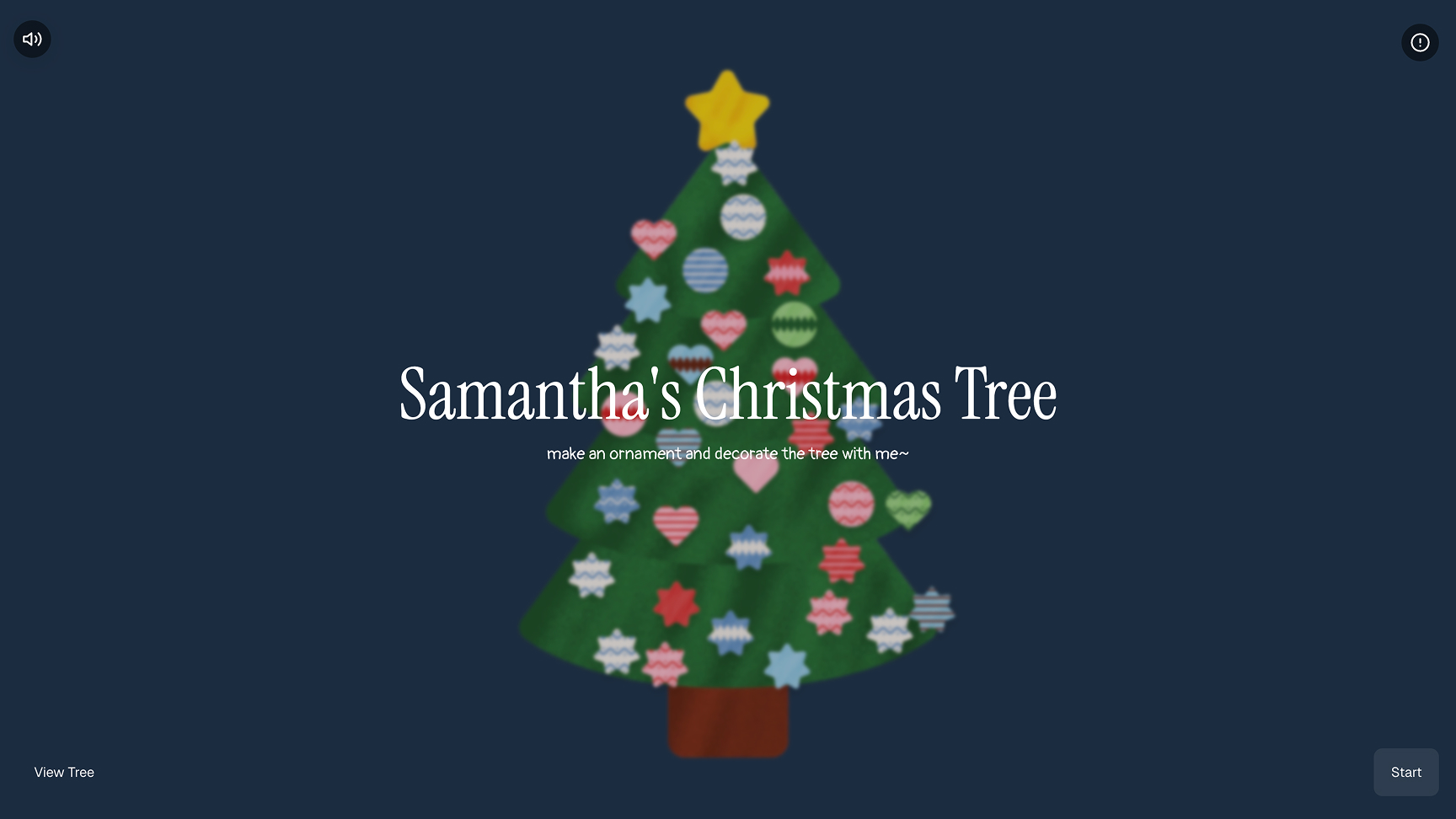 Illustrated Christmas tree with a yellow star on top, adorned with colorful ornaments. The text Samantha's Christmas Tree appears, inviting participation. Festive and welcoming tone.