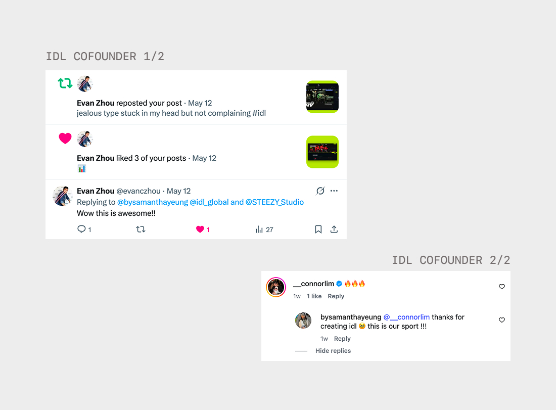 Screenshots of IDL cofounders Evan Zhou and Connor Lim reacting positively to the performance analytics concept on X and Instagram.