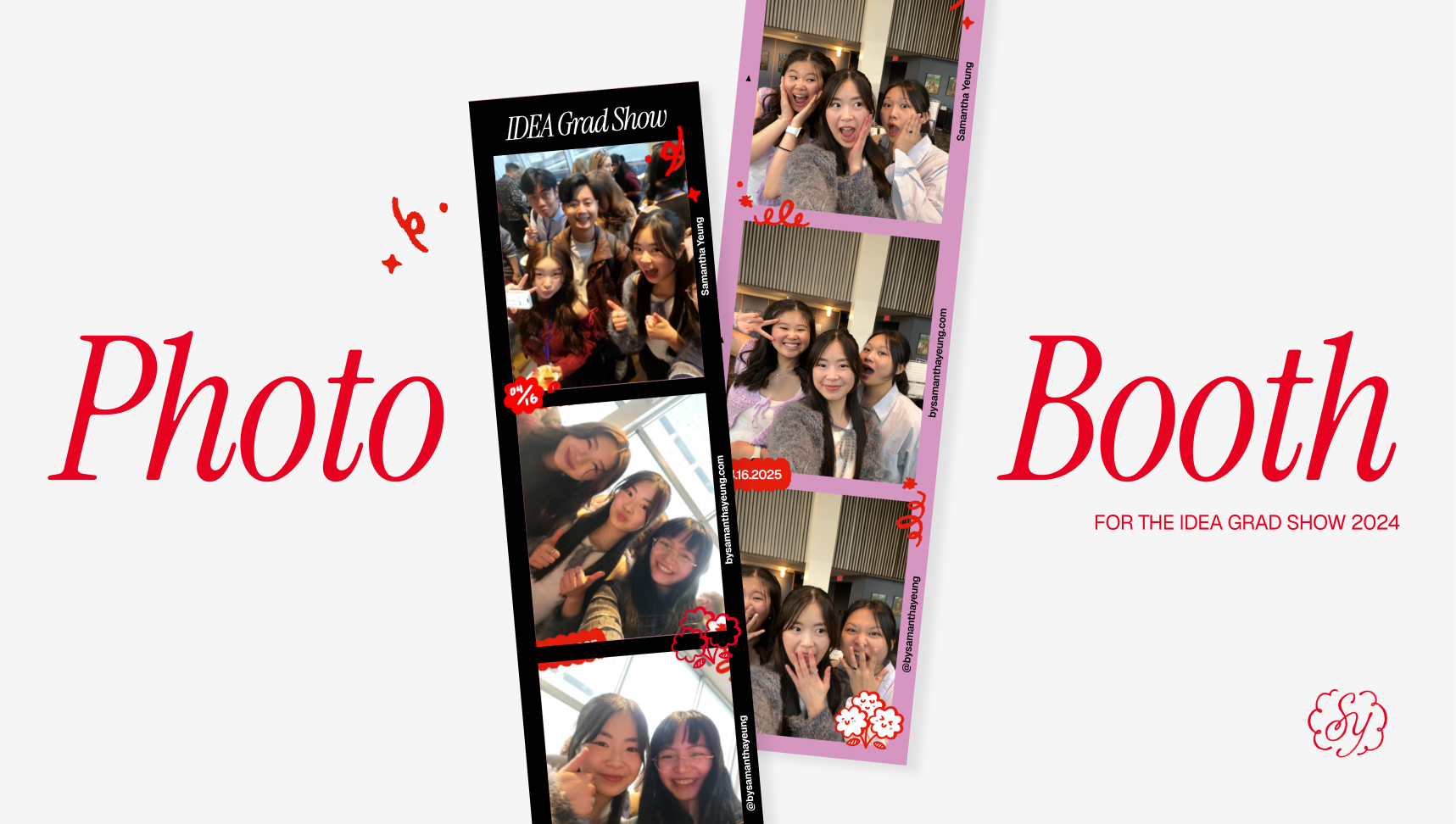 Two colorful photo booth strips feature joyful people celebrating at the IDEA Grad Show 2024, with playful poses and vibrant decorations.